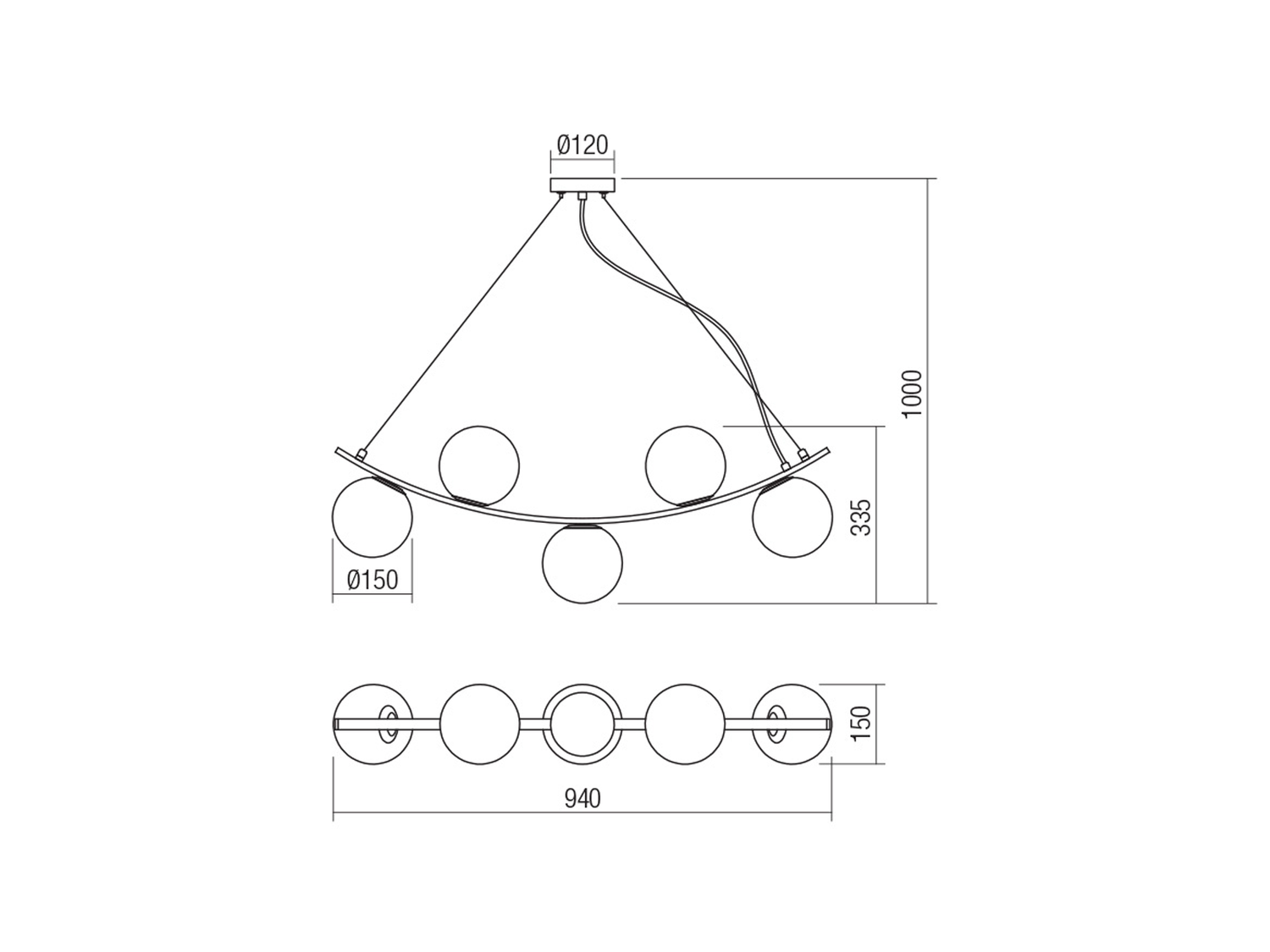 Závěsné svítidlo Volley, matně zlaté, 5xE14, 94cm