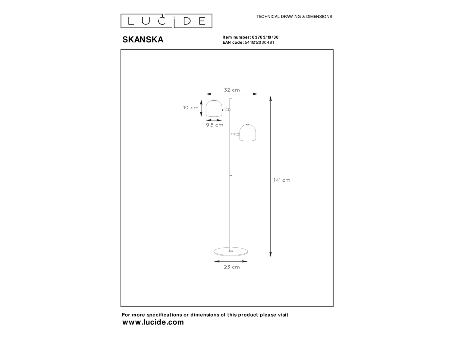 Stojací LED lampa Skanska černá, 2x5W, 3000K, 141cm