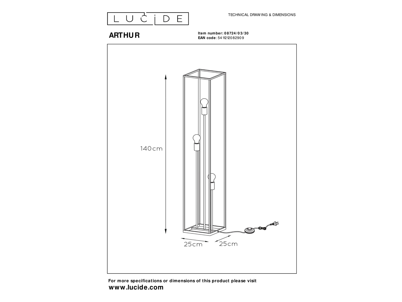 Stojací lampa Arthur, černá, 3xE27, 140cm