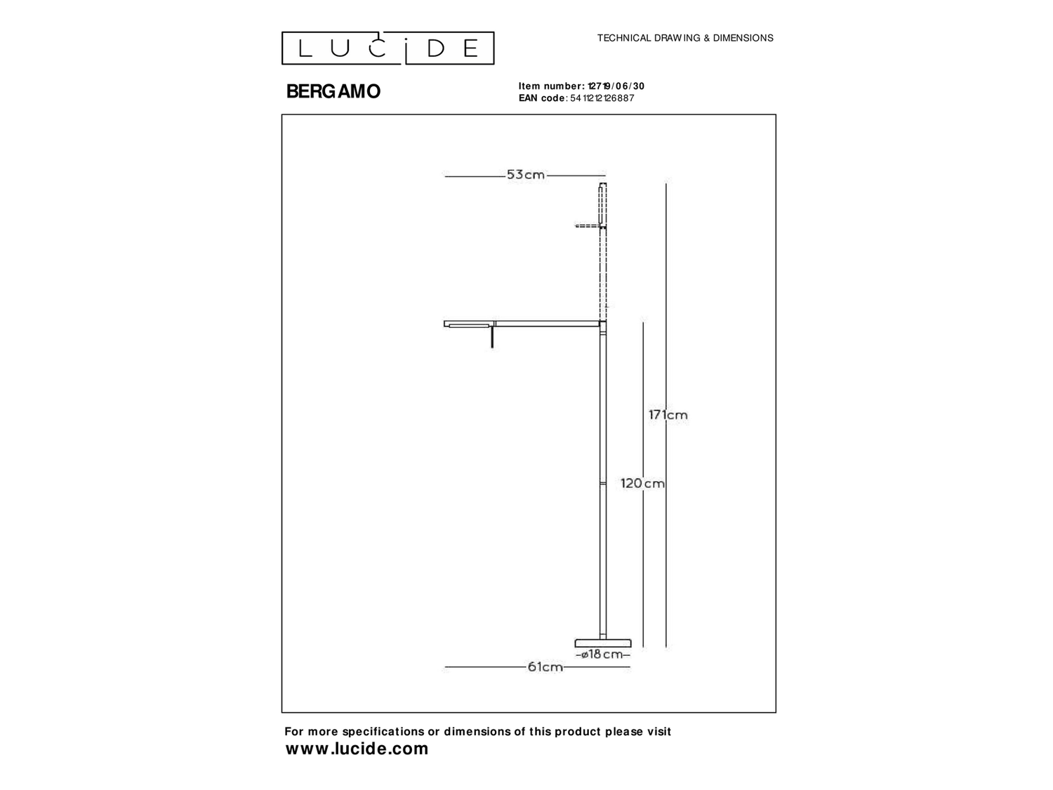 Stojací LED lampa Bergamo černá, 7,2W, 3000K, 120cm