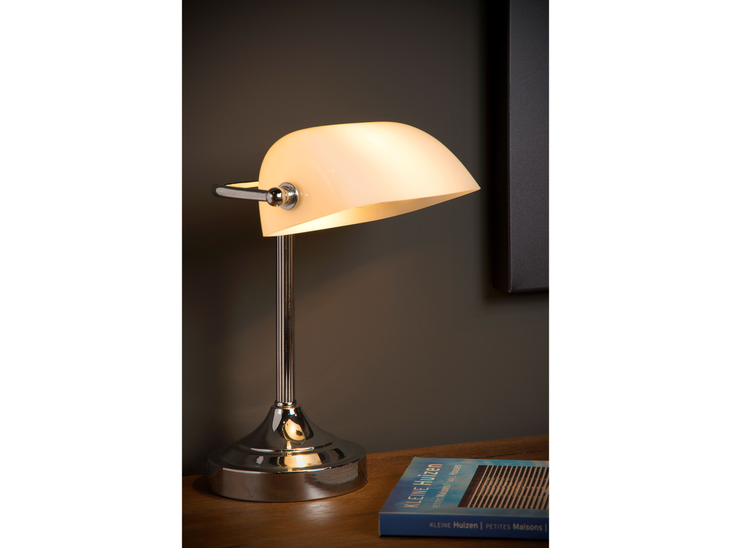 Stolní lampa Banker, chrom/bílá, E14, 30cm