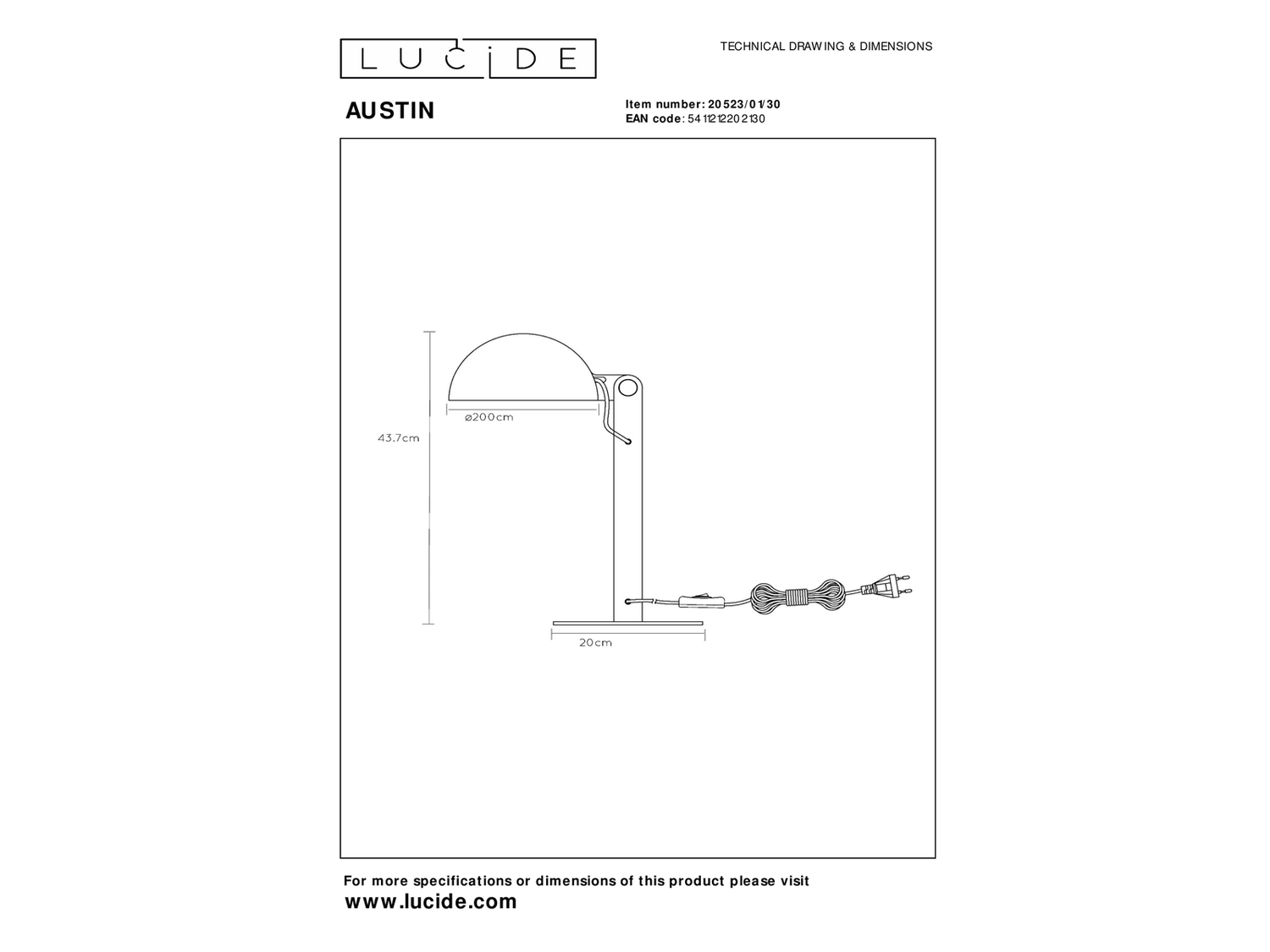 Stolní lampa Austin, černá, E27, 43,7cm