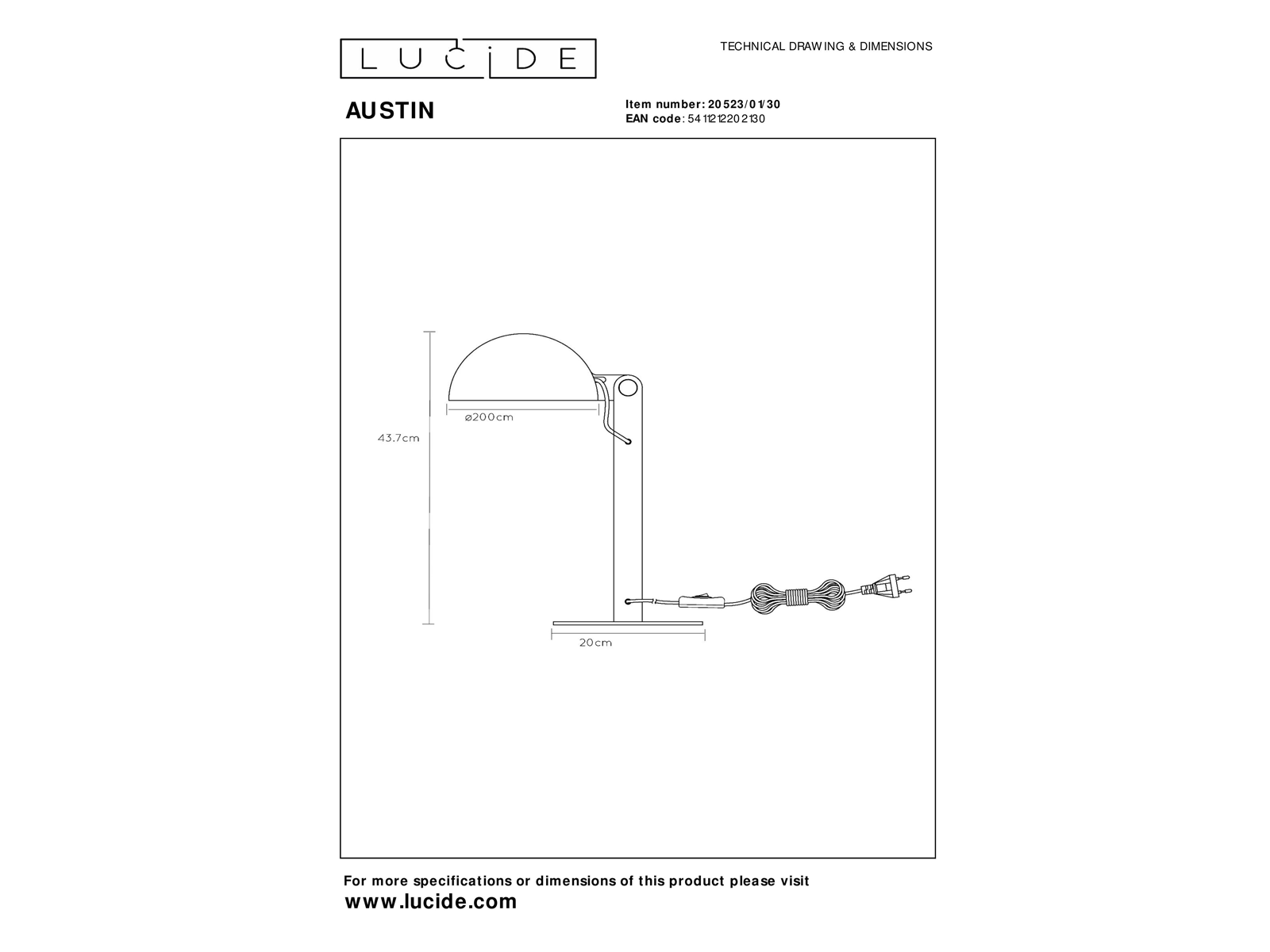 Stolní lampa Austin, černá, E27, 43,7cm