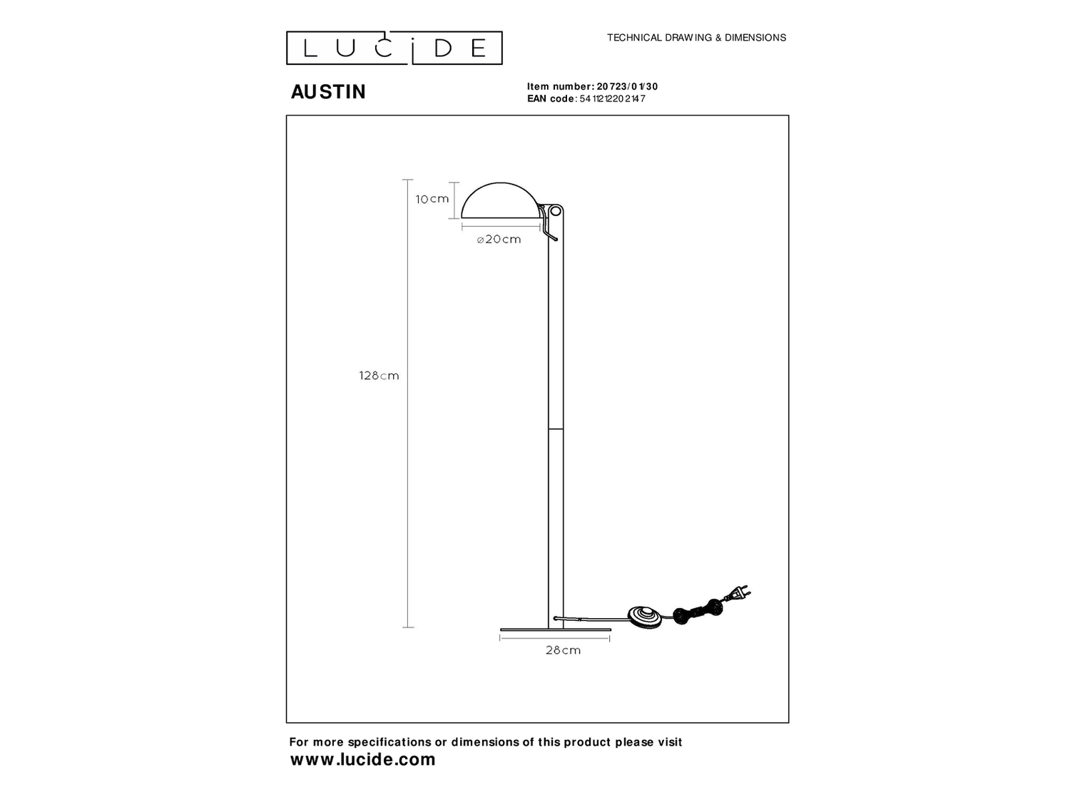 Stojací lampa Austin, černá, E27, 128cm