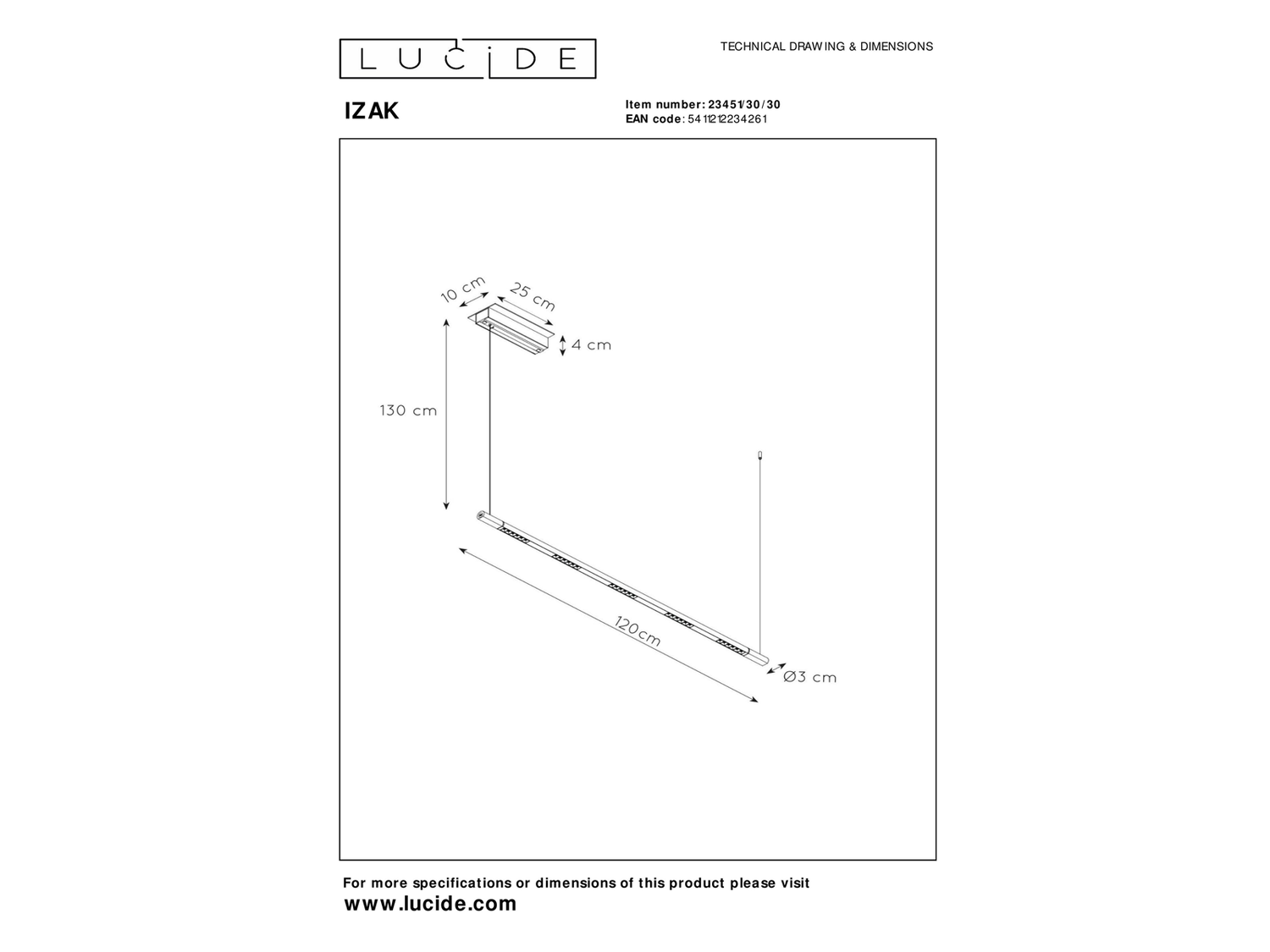 Závěsné LED svítidlo Izak černé, stmívatelné, 30W, 2700K, 120cm