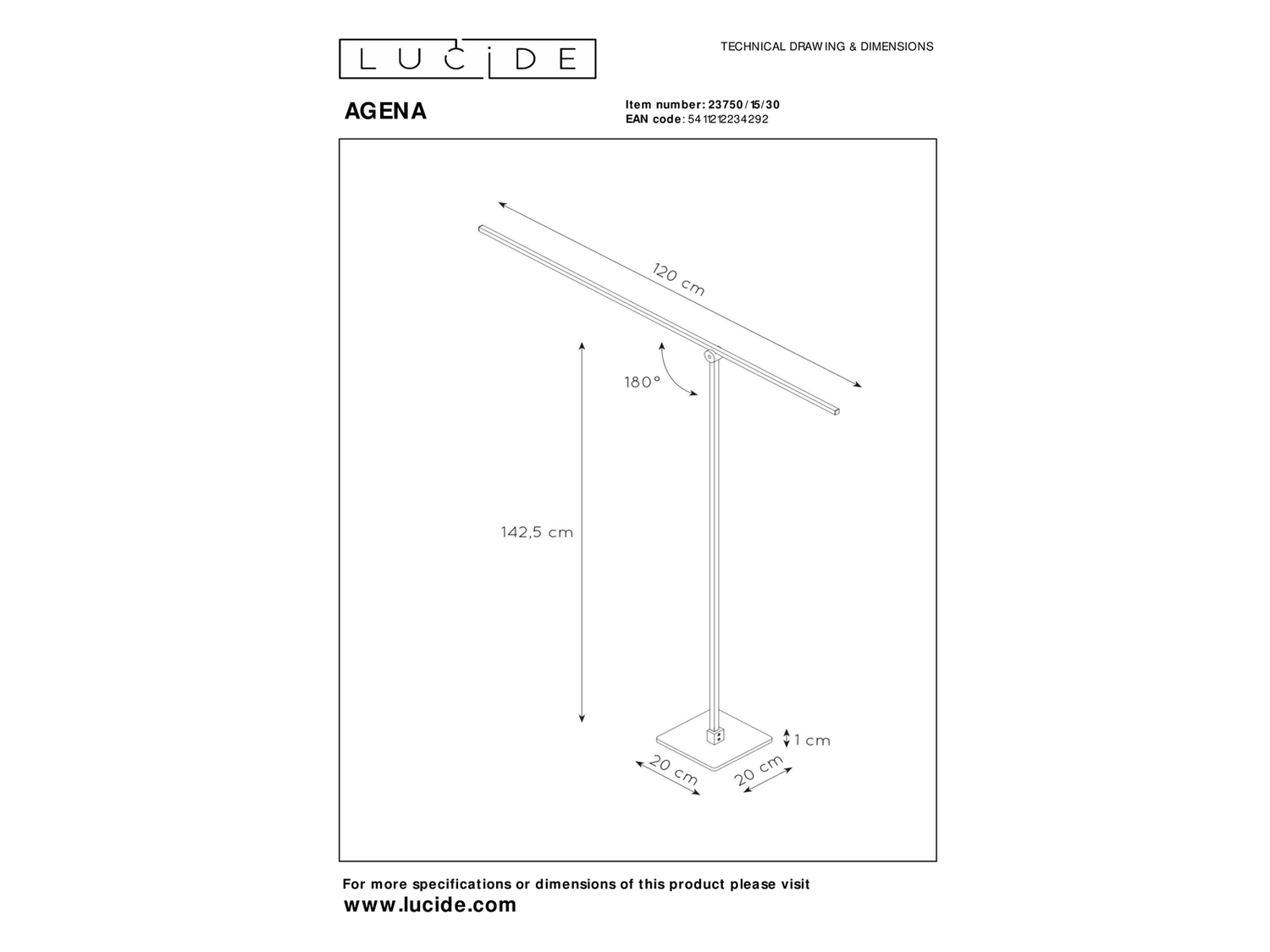 Stojací LED lampa Agena černá, 18W, 2700K, 142,5cm