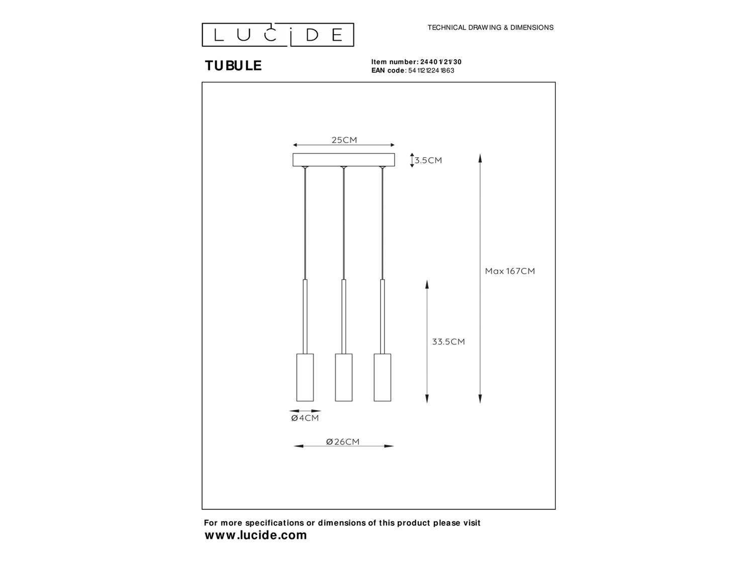 Závěsné LED svítidlo Tubule černé, 3x7W, 2700K, 25cm