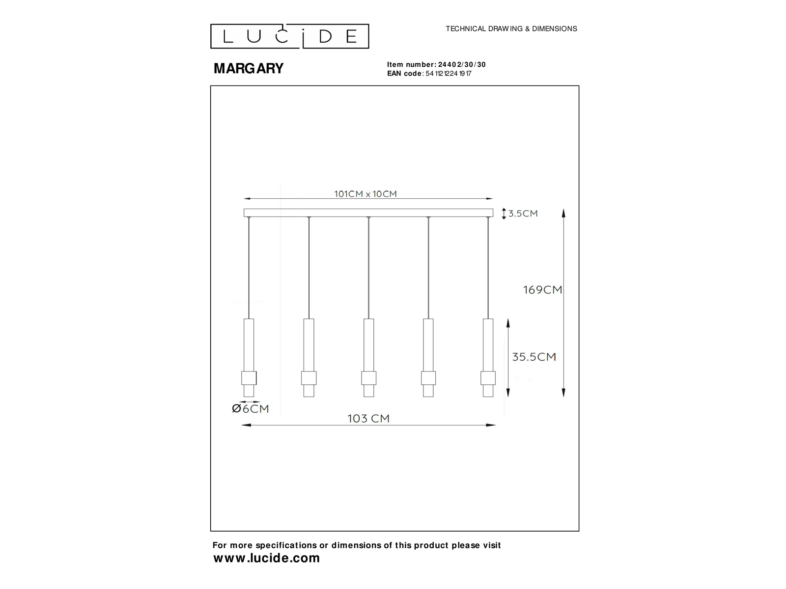 Závěsné LED svítidlo Margary černé, 5x4,2W, 2700K, 101cm