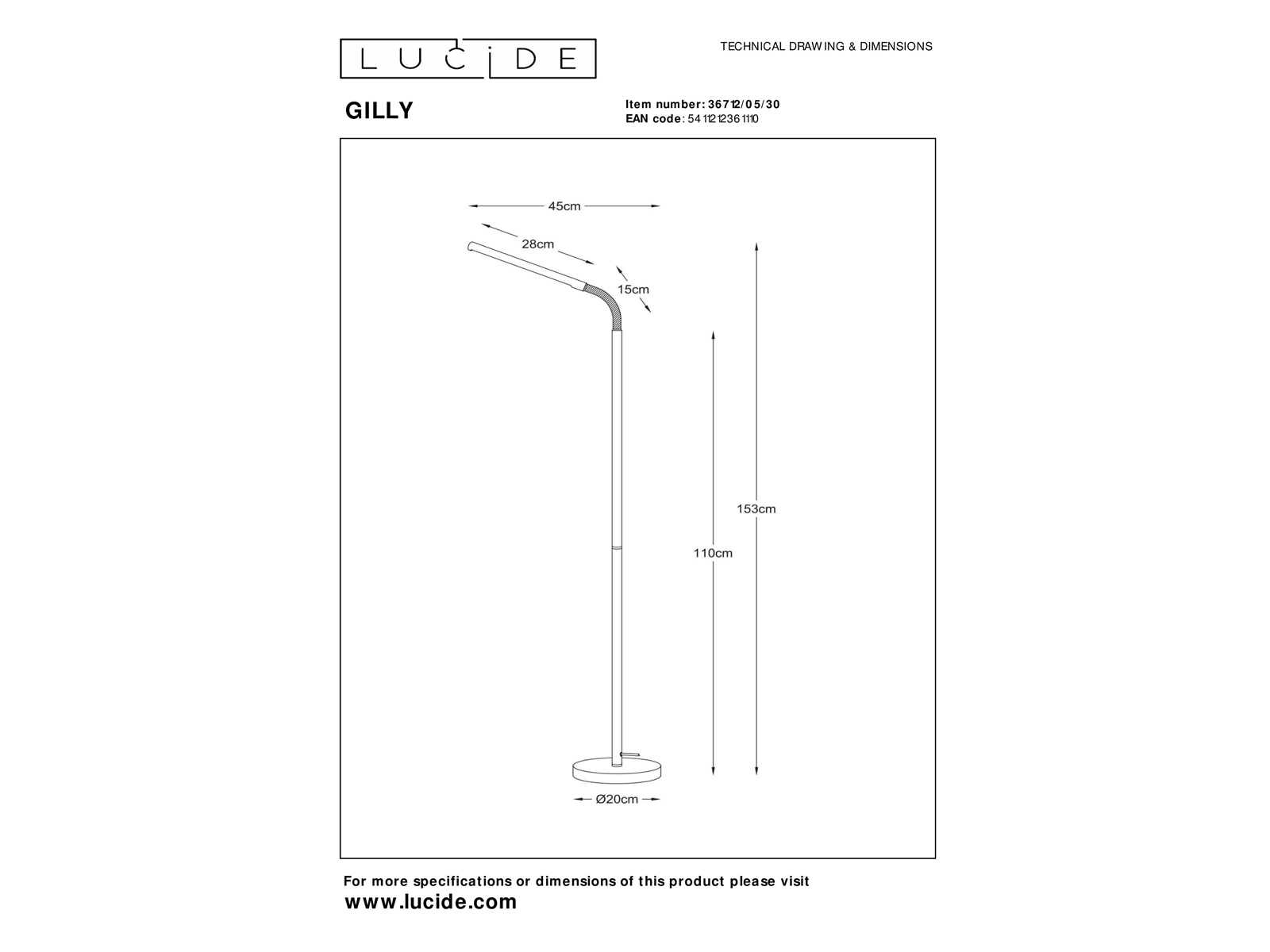 Stojací LED lampa Gilly černá, 5W, 2700K, 153cm