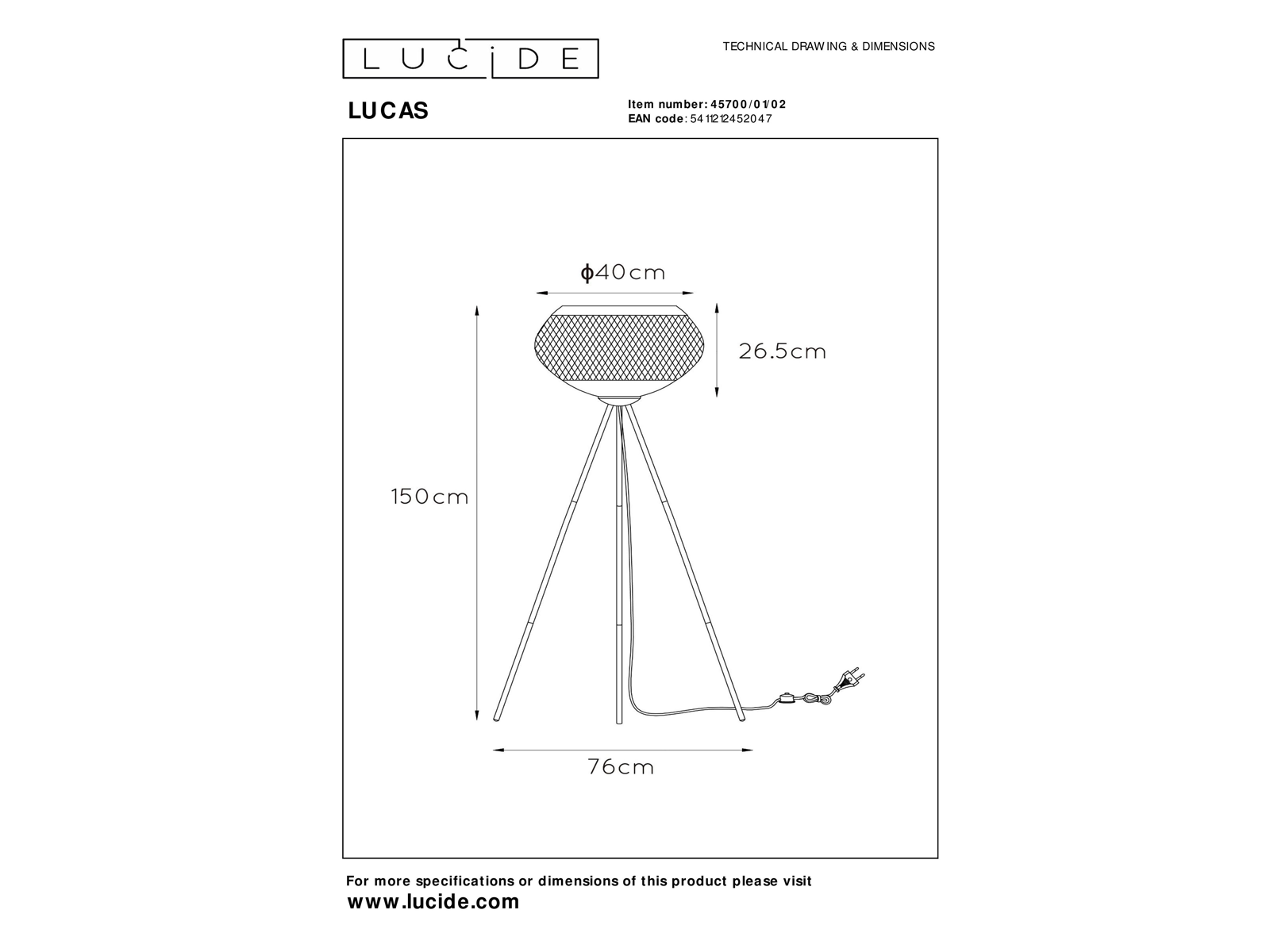 Stojací lampa Lucas matně zlaté/černé, E27, 150cm