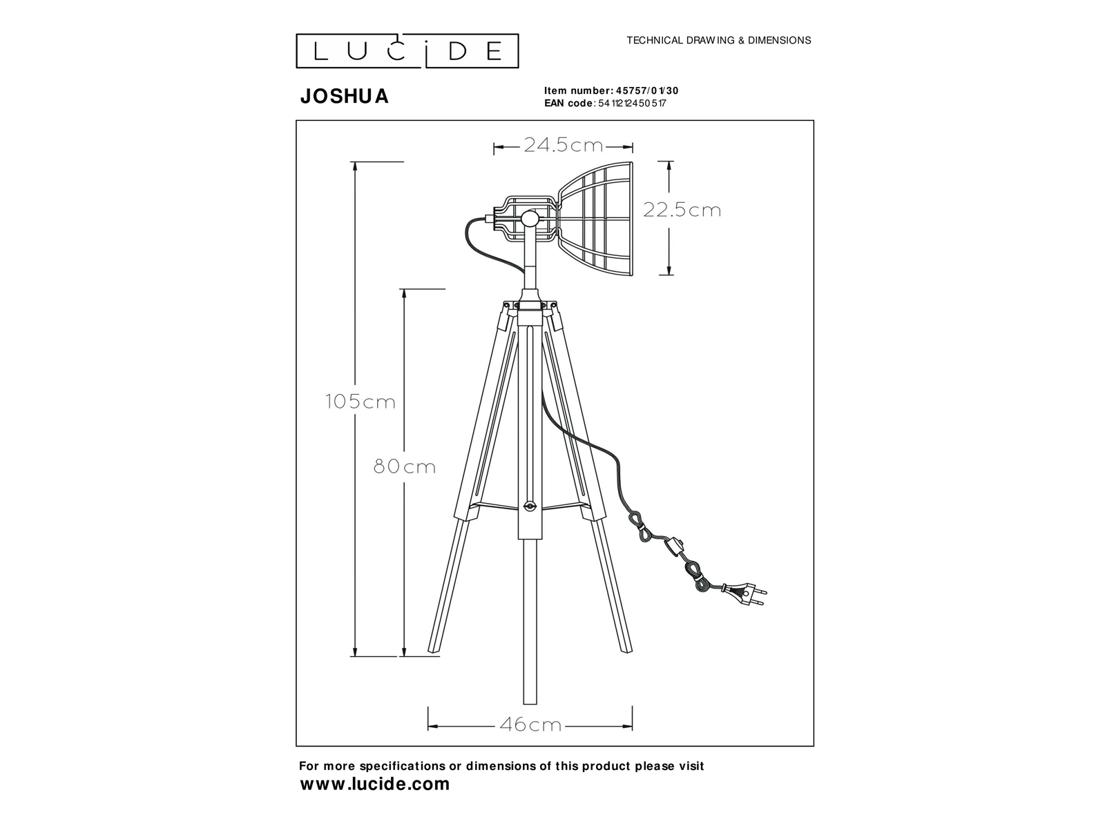 Stojací lampa Joshua, černá, E27, 105cm