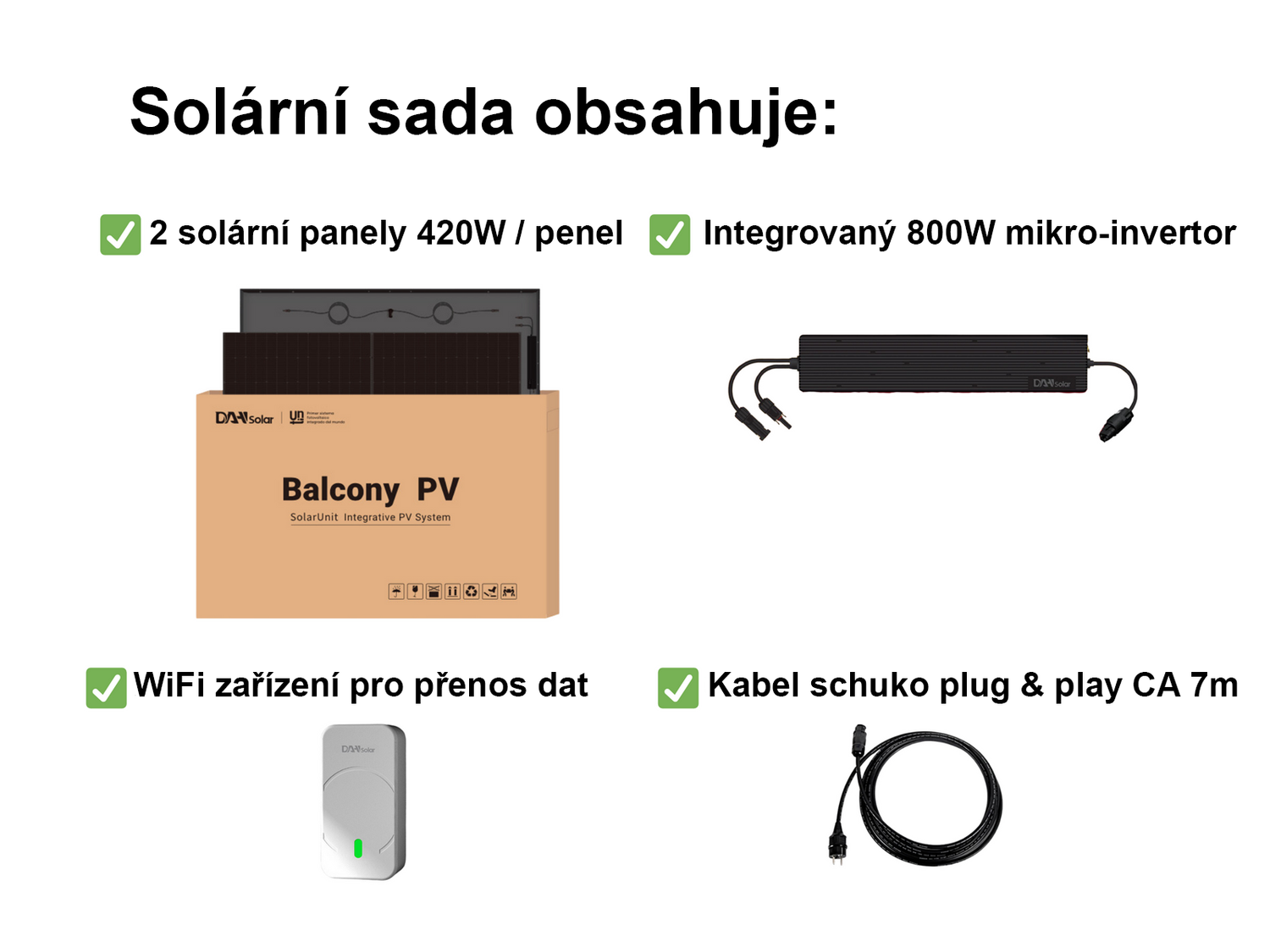 Sada 2 solárních panelů 420 W samoinstalovatelných Plug &amp; Play s integrovaným 800W mikroinvertorem pro balkonové použití