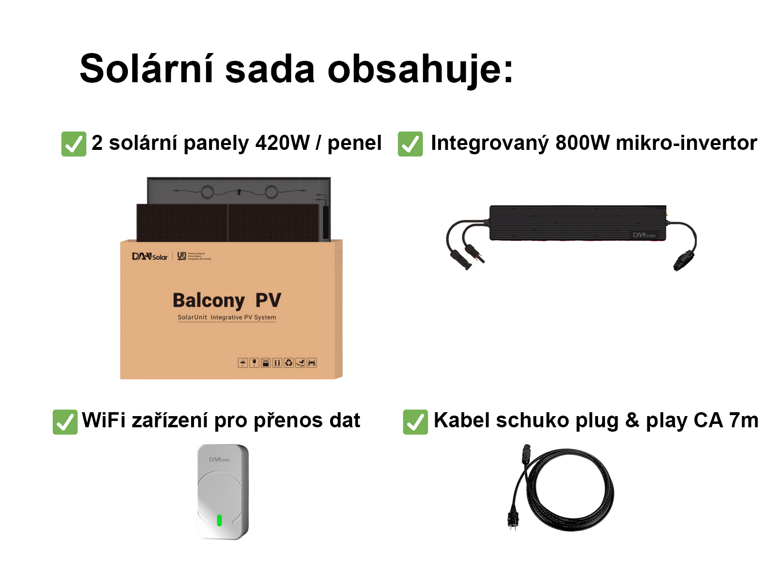 Sada 2 solárních panelů 420 W samoinstalovatelných Plug &amp; Play s integrovaným 800W mikroinvertorem pro balkonové použití