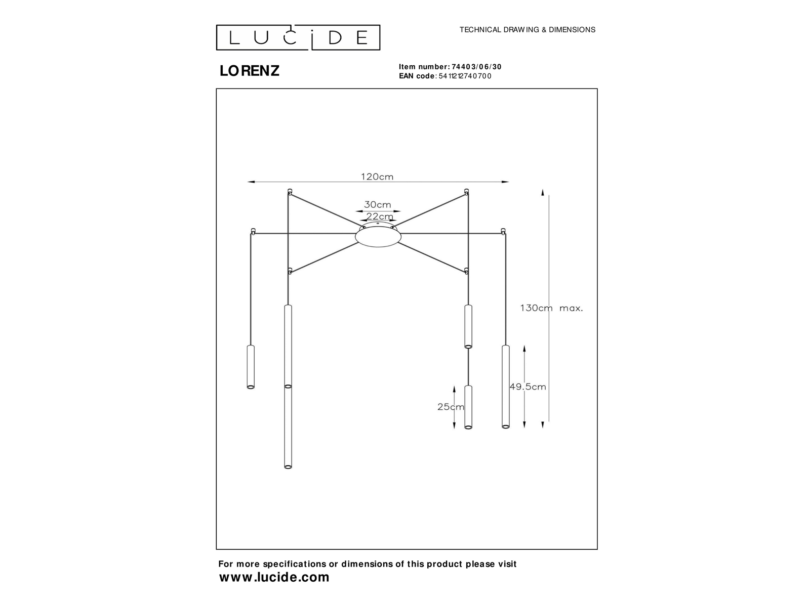 Závěsné LED svítidlo Lorenz černé, 6x4W, 3000K, 120cm