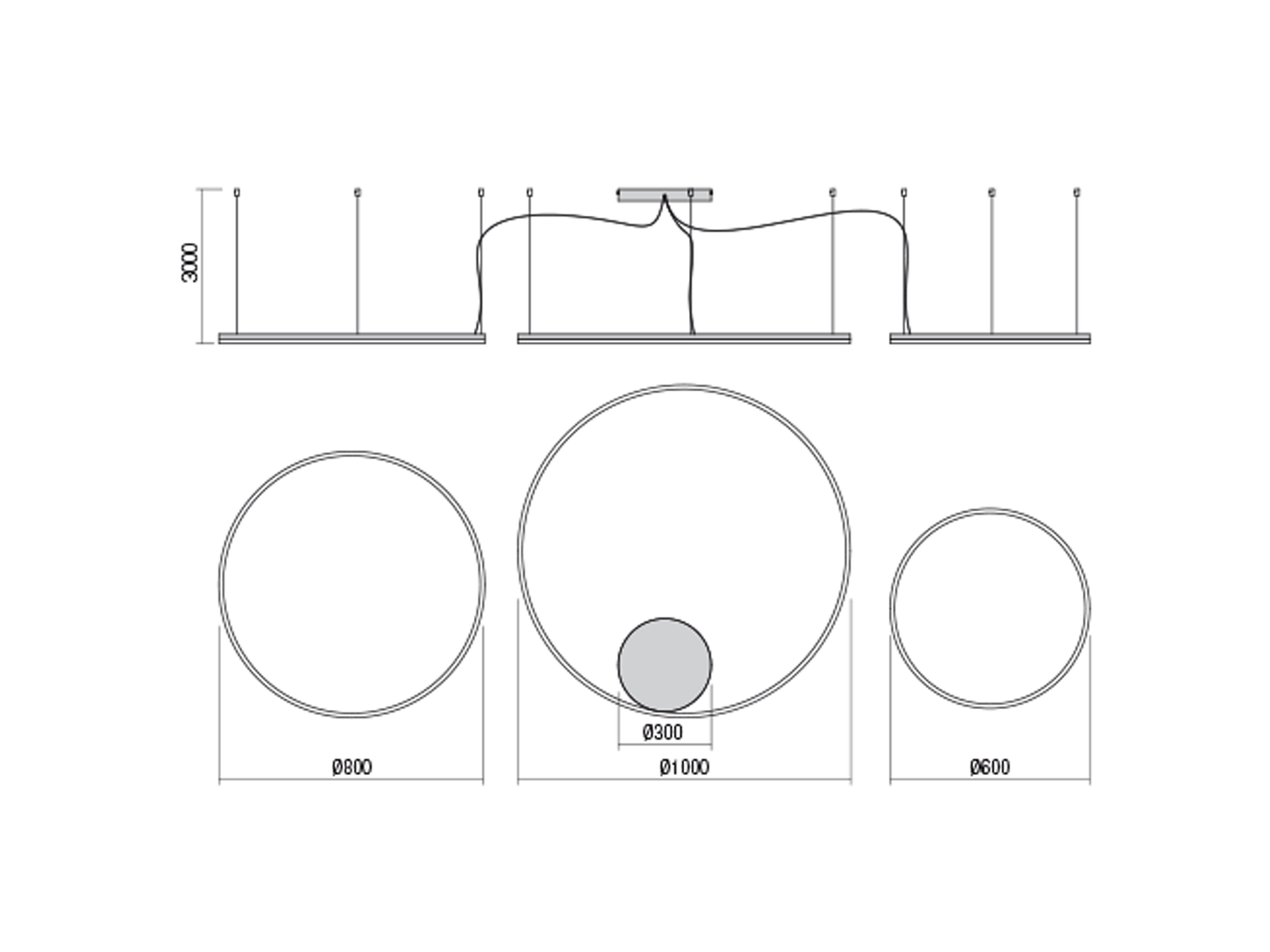 Závěsné LED stmívatelné svítidlo Orbit pískově černá, 40,5W + 55W + 68W, 4000K, ø80, ø60, ø100cm