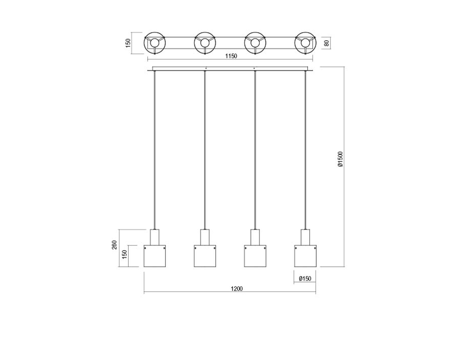 Závěsné svítidlo Lou černé, 4L, E27, 120cm