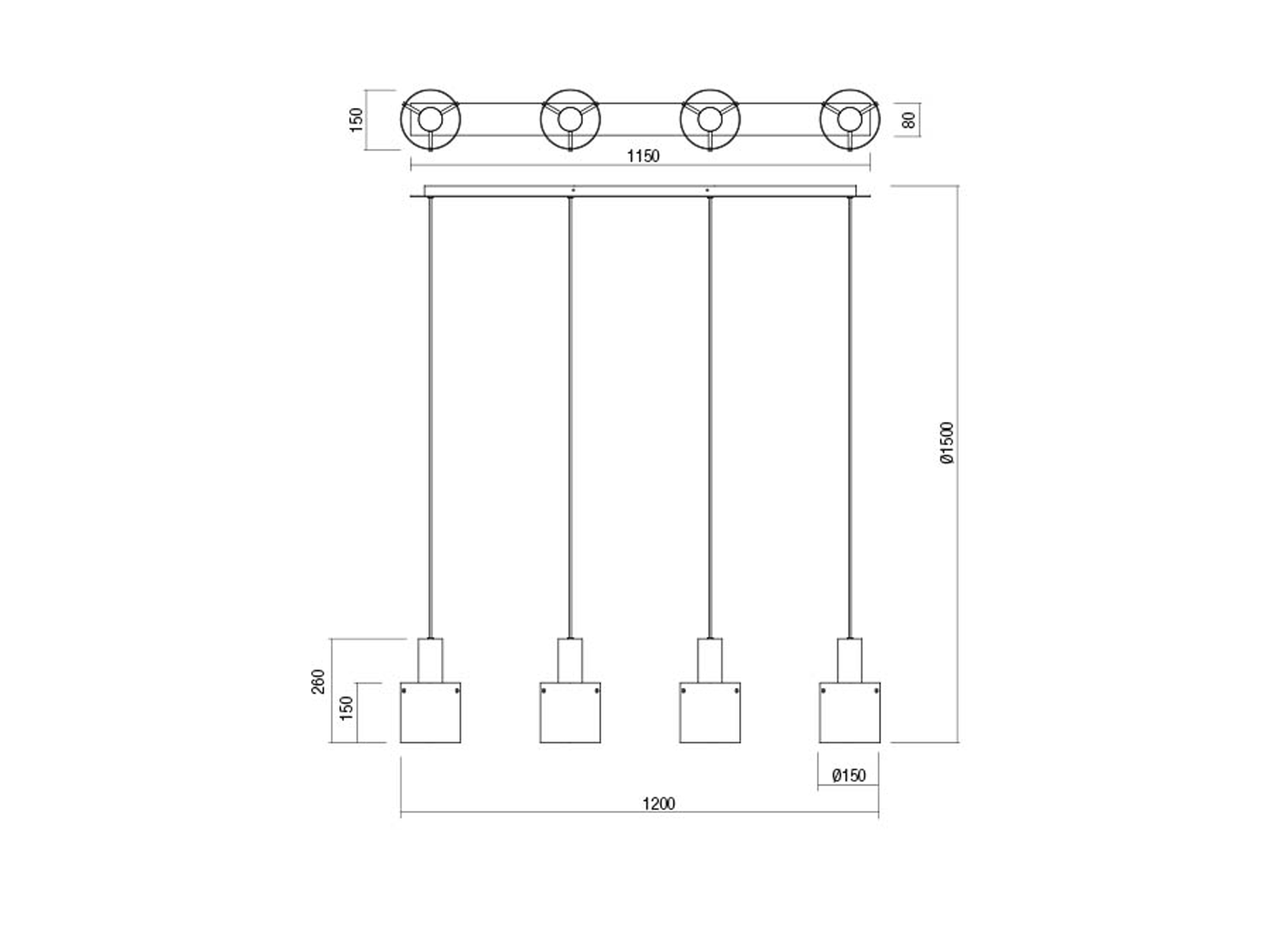 Závěsné svítidlo Lou černé, 4L, E27, 120cm