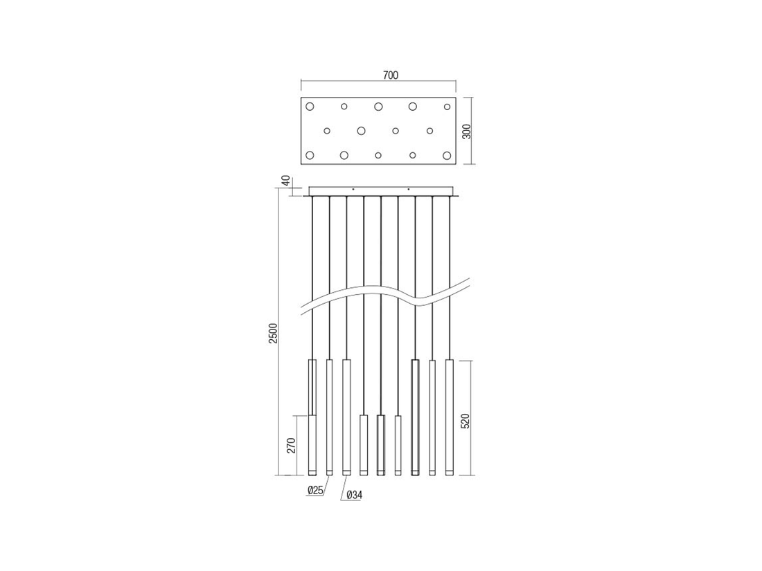 Závěsné LED svítidlo Madison saténově zlaté 14L, 56W, 3000K, 250cm