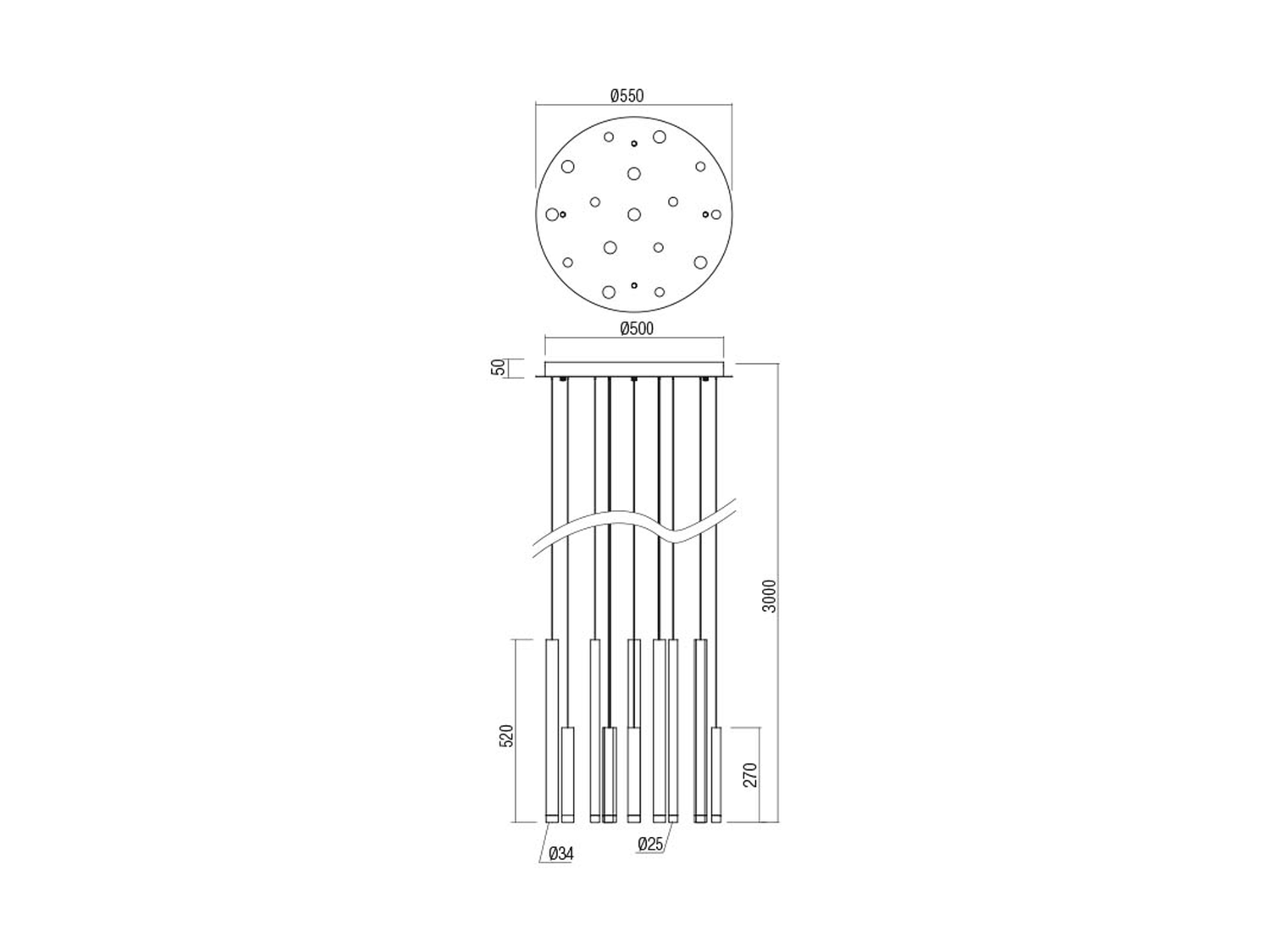 Závěsné LED svítidlo Madison saténově zlaté 16L, 64W, 3000K, 300cm