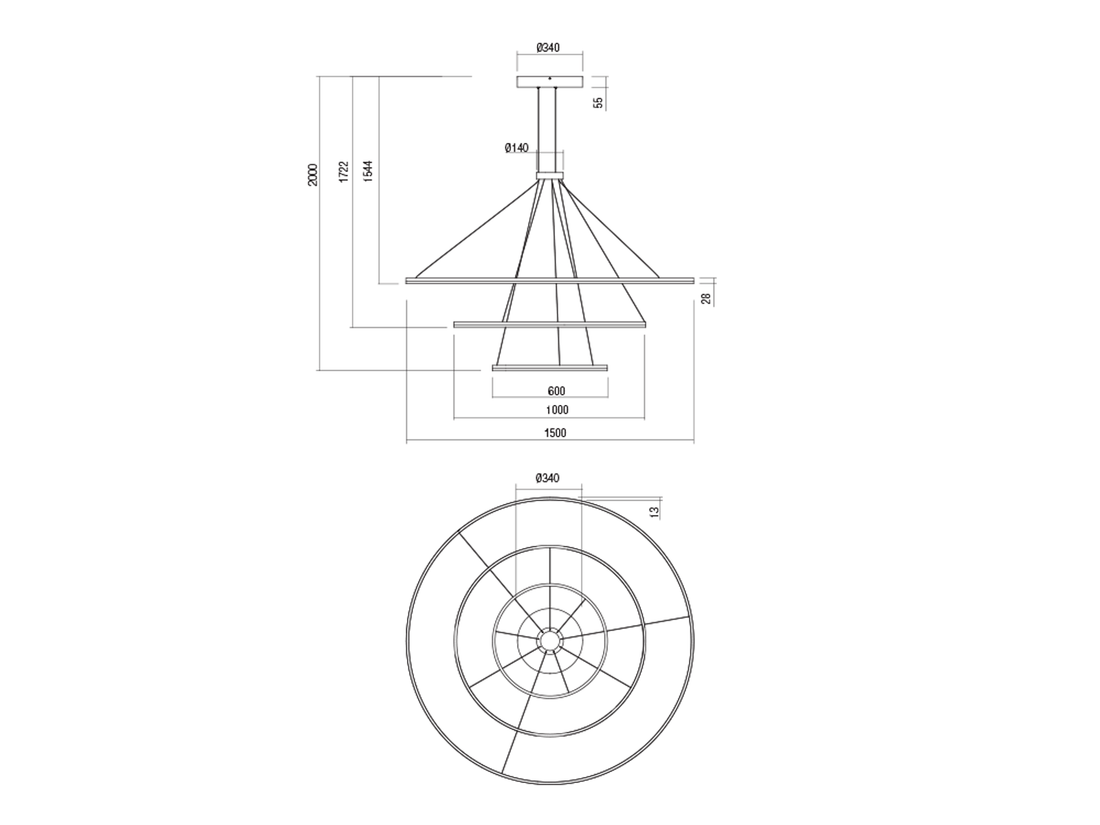 Závěsné LED stmívatelné svítidlo Orbit bronz, 186W, 3000K, ø150, ø100, ø60cm