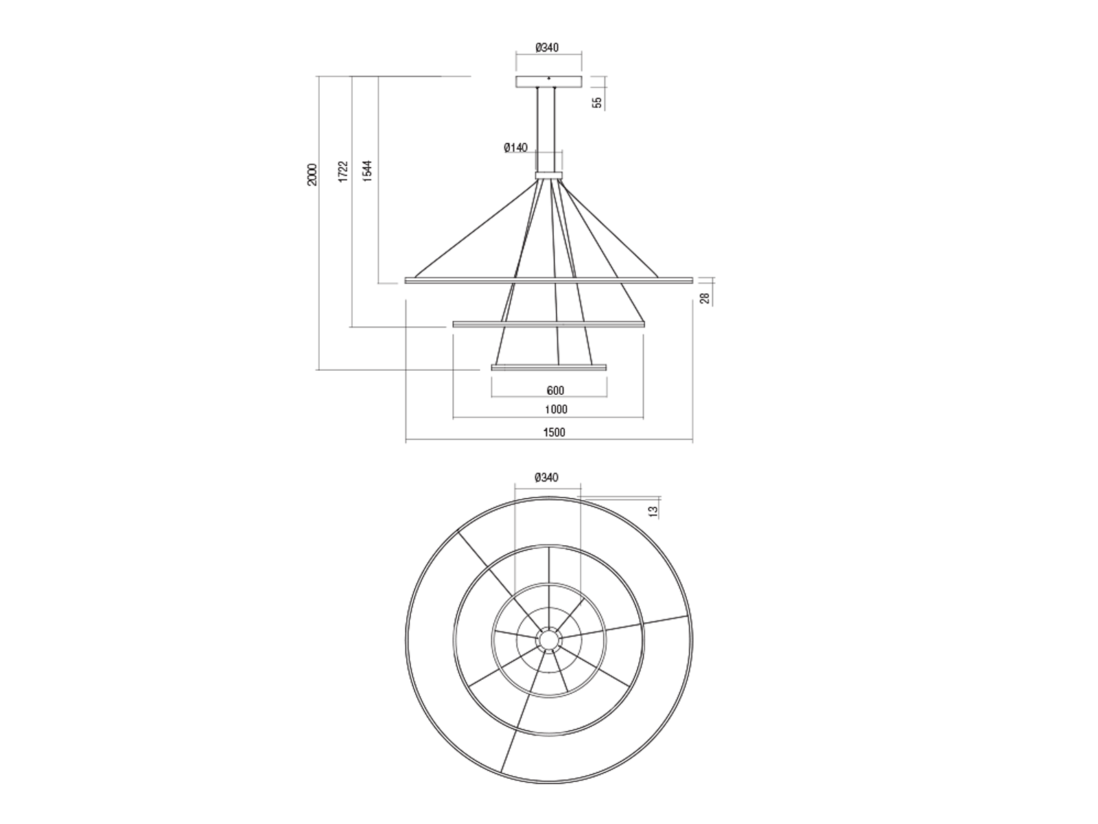 Závěsné LED stmívatelné svítidlo Orbit bronz, 186W, 4000K, ø150, ø100, ø60cm