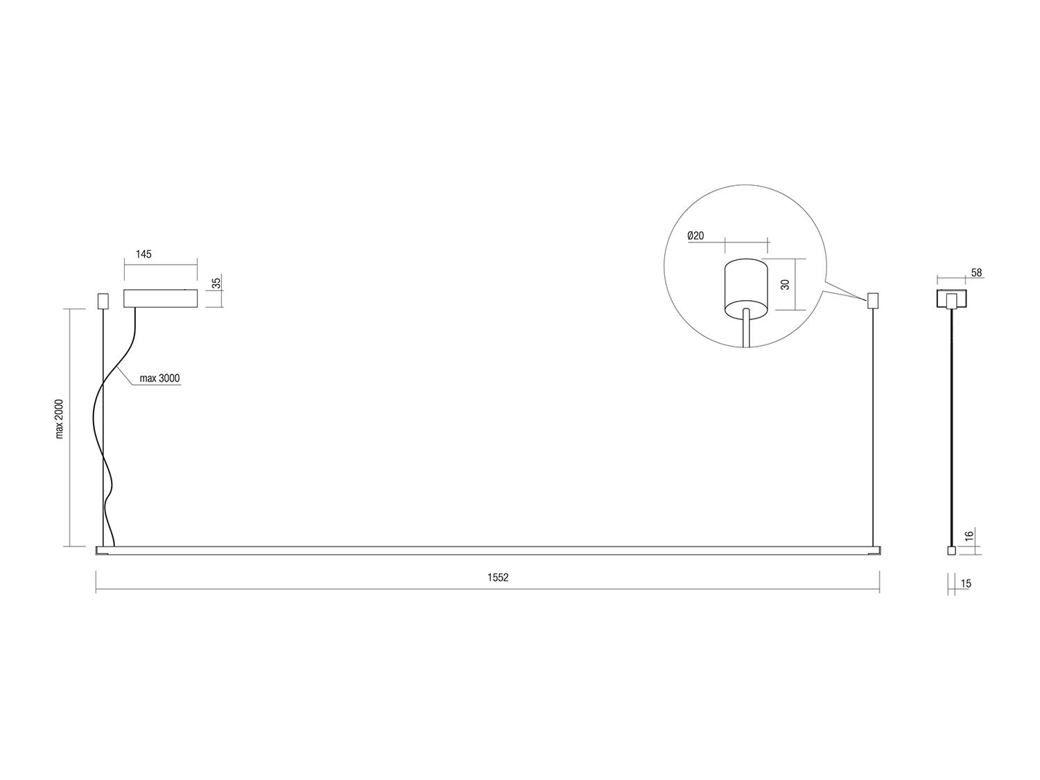 Závěsné LED svítidlo stmívatelné Acrobat černé, 31W, 3000K, 155cm