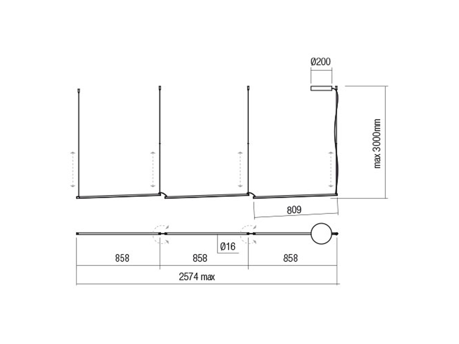 Závěsné LED svítidlo stmívatelné Stick černé, 36W, 3000K, 257cm